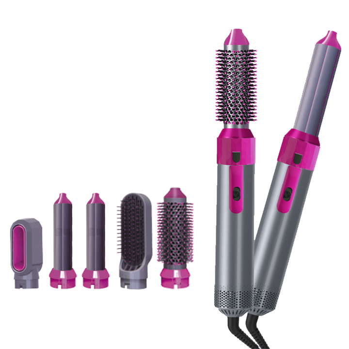 Hot air styling brush with pink-and-gray barrel and five interchangeable roller heads