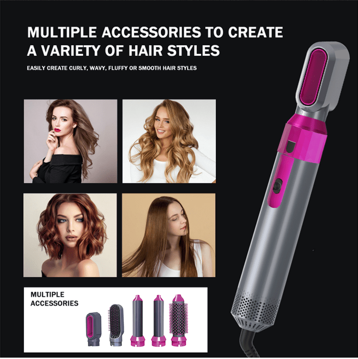 Hot air styling brush with vented barrel and pink top, shown with roller accessory heads