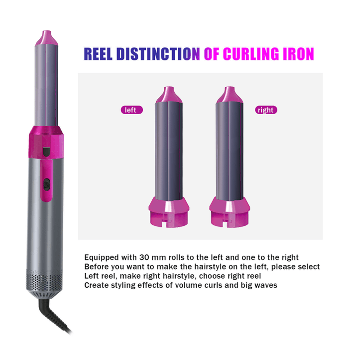 Hot air curling brush with gray handle and pink rollers, left and right styling heads