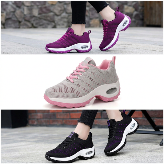 Women's walking sneakers in purple, gray-pink, and black with white soles.