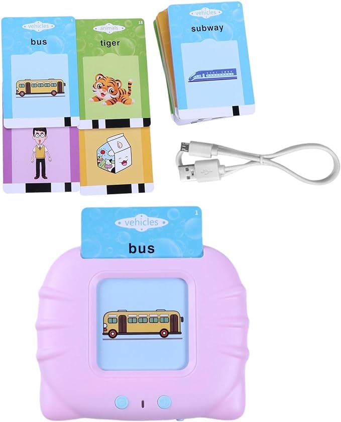 Kids flash card learning device with bus card plus stacked flash cards and cable