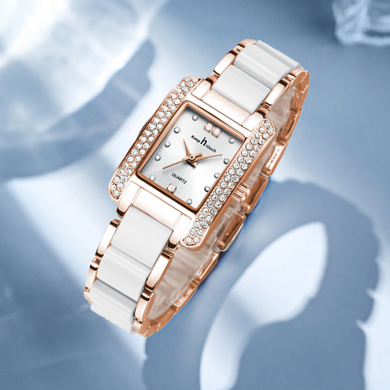 Rose gold square quartz watch with sparkling rhinestone bezel and white ceramic strap