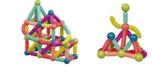 Colorful magnetic building sticks set with ball joints, assembled into dome and pyramid shapes