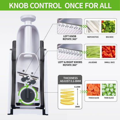 Manual vegetable mandoline slicer with adjustable knob and julienne/dice blades