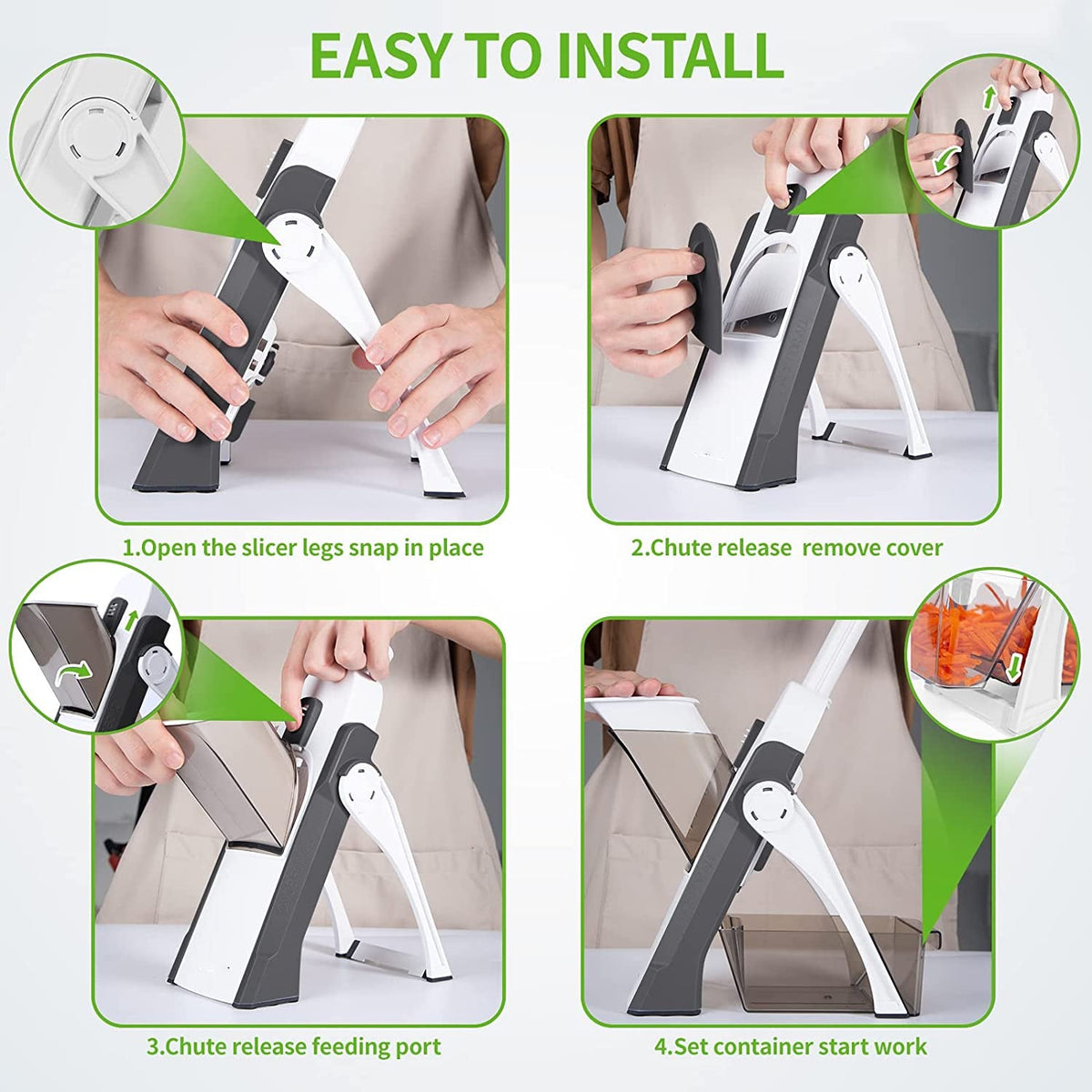 Manual vegetable mandoline slicer setup with stable legs and feeding chute
