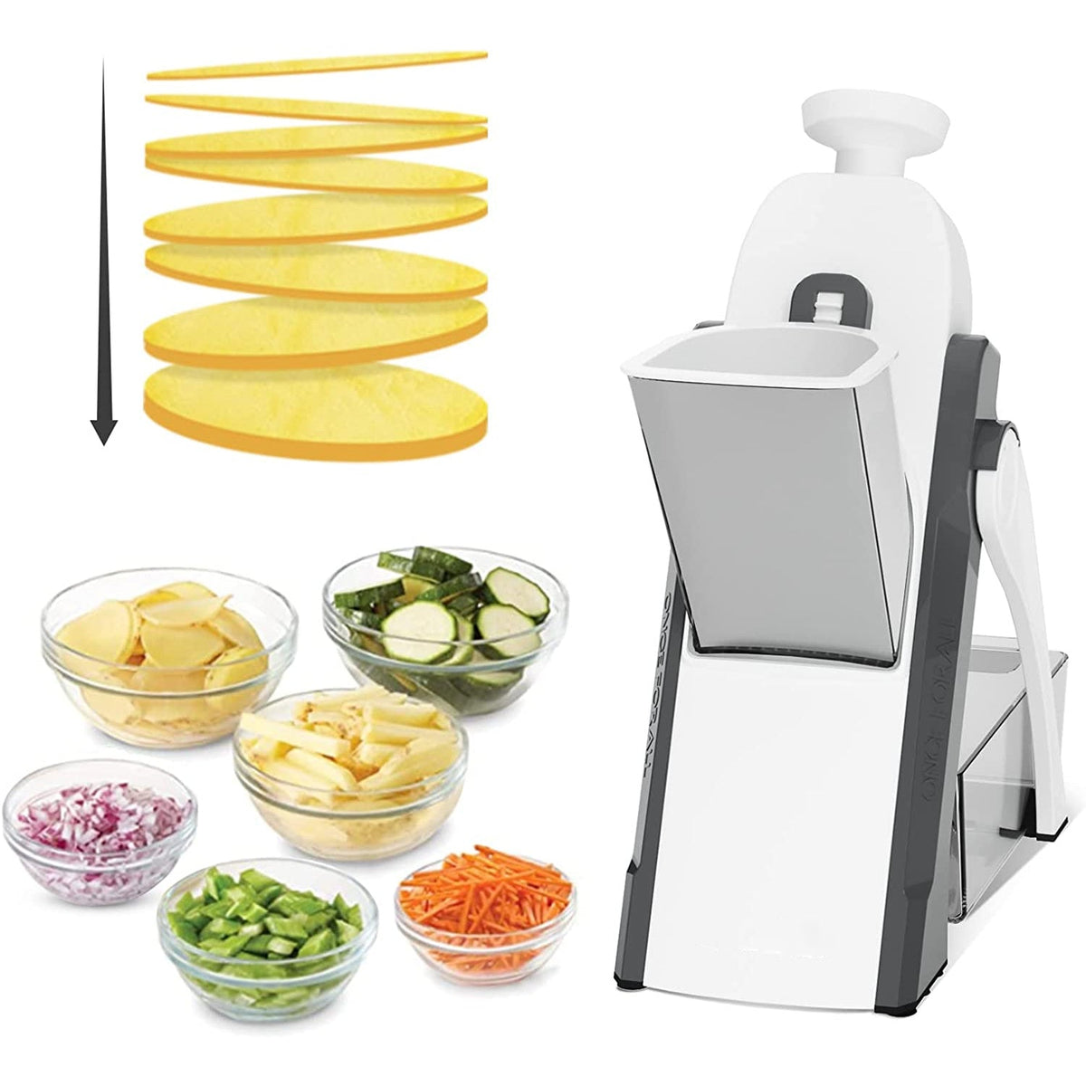 Manual vegetable mandoline slicer with catch container and rotating slicer head