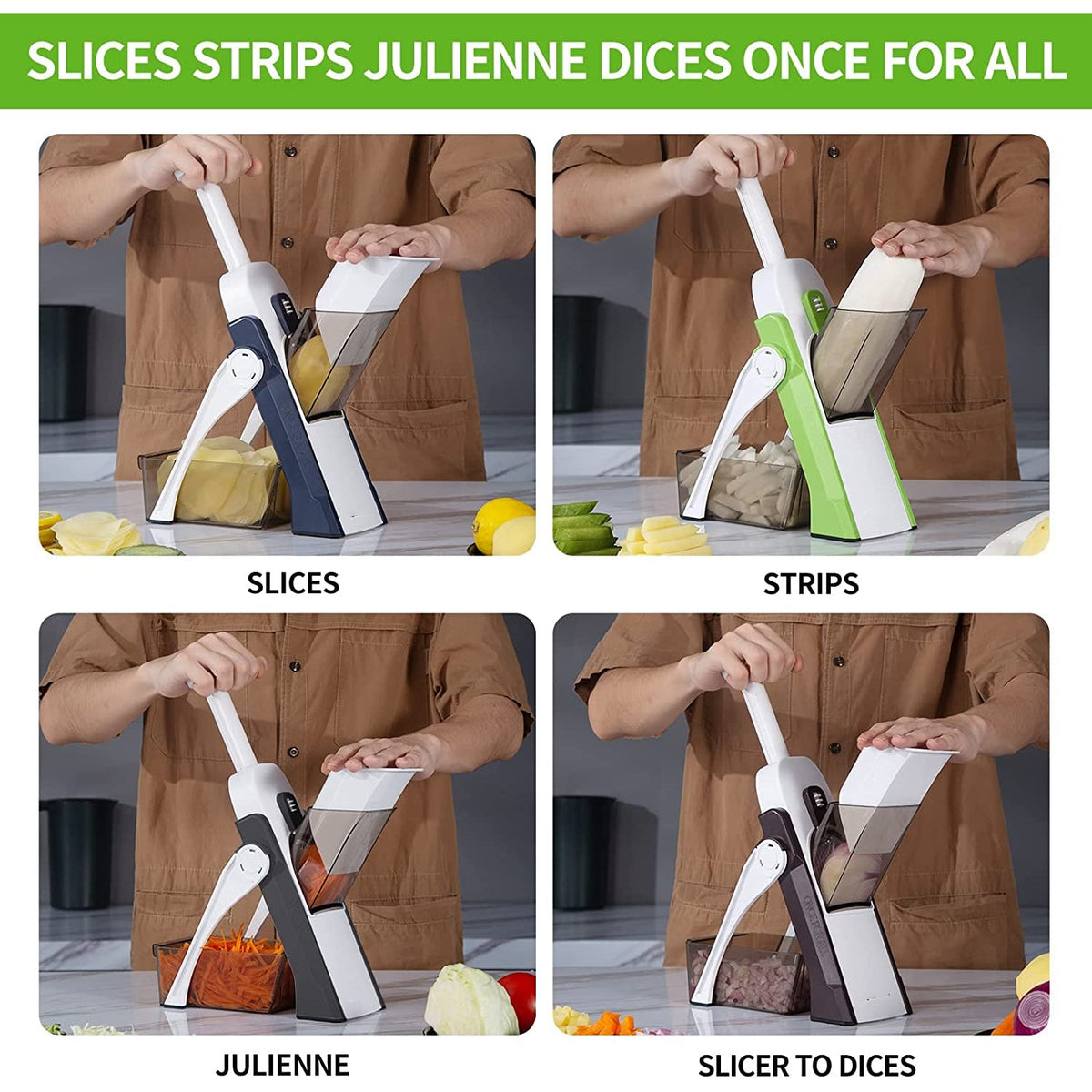 Manual mandoline slicer showing slice, strip, julienne, and dice cutting modes