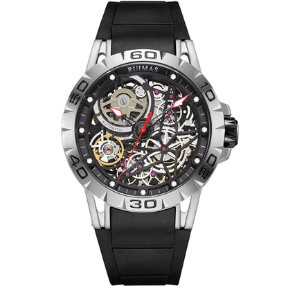 Men’s skeleton automatic mechanical watch with black silicone strap and luminous dial
