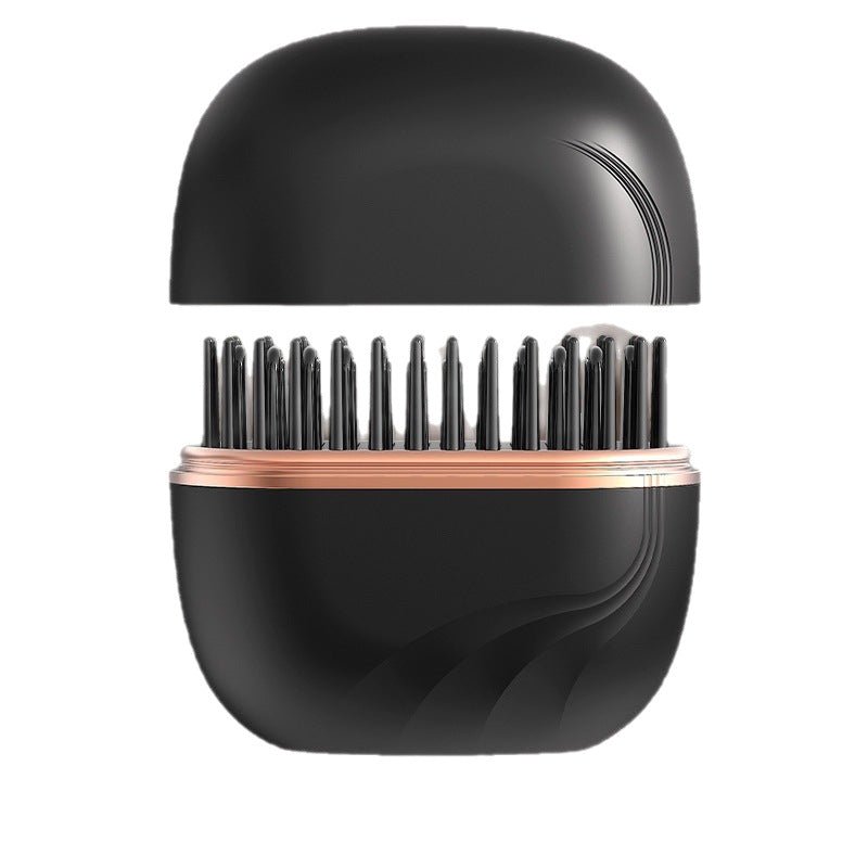 Mini cordless hair straightening comb with black body and heated metal teeth