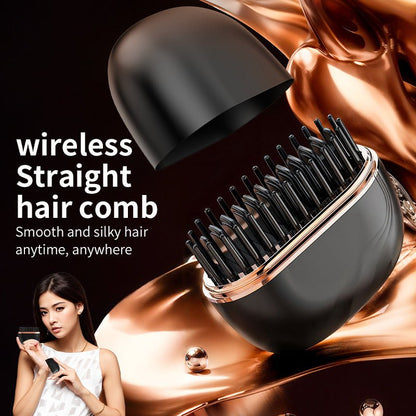 Open mini cordless hair straightening comb with black bristles and rose gold trim