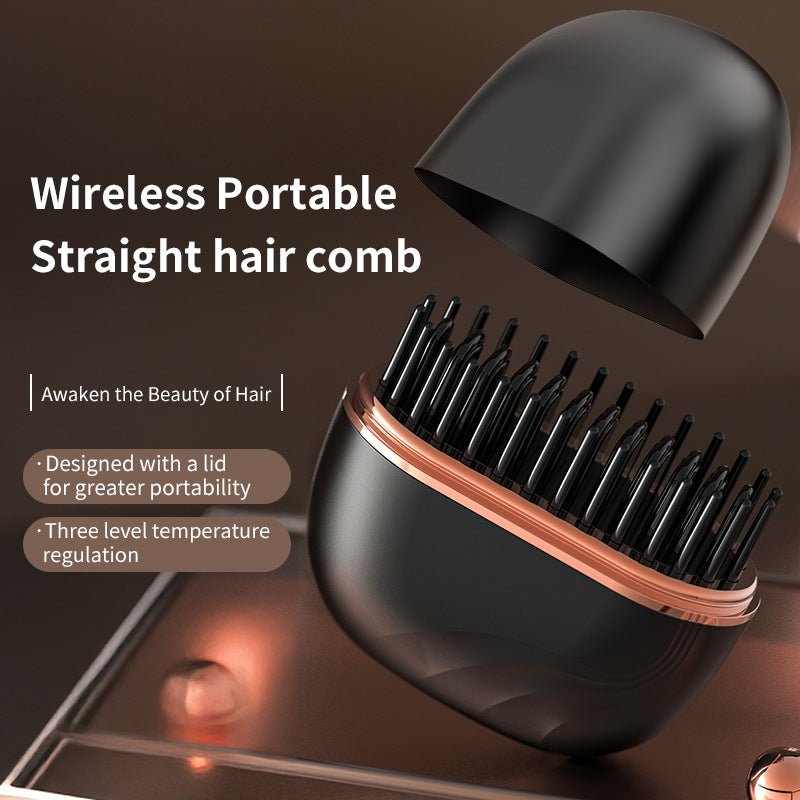 Open portable hair straightening comb with black bristles, rose gold trim, and removable lid