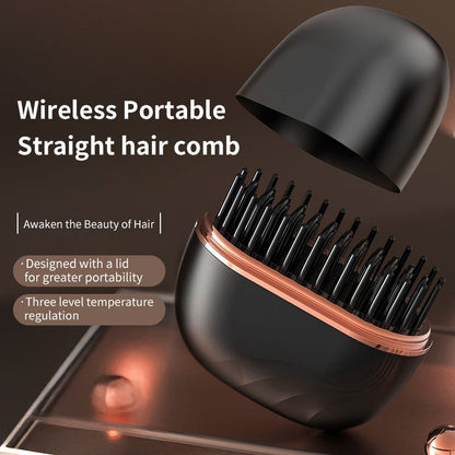 Open portable hair straightening comb with black bristles, rose gold trim, and removable lid