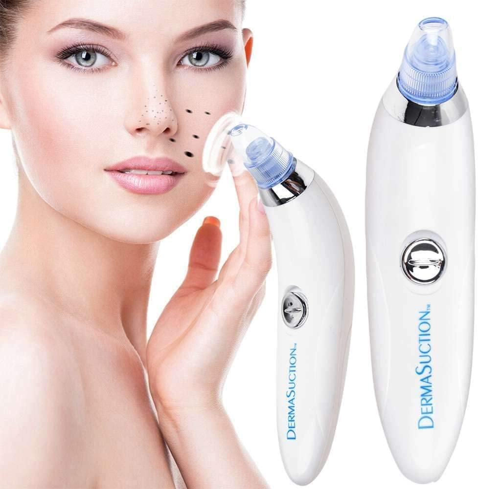 Pore cleaning device held near face with blue suction nozzle