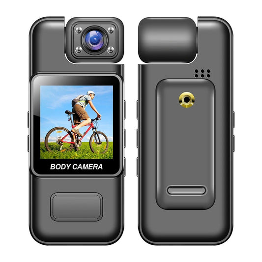 Portable body camera with front display and lens, dark gray