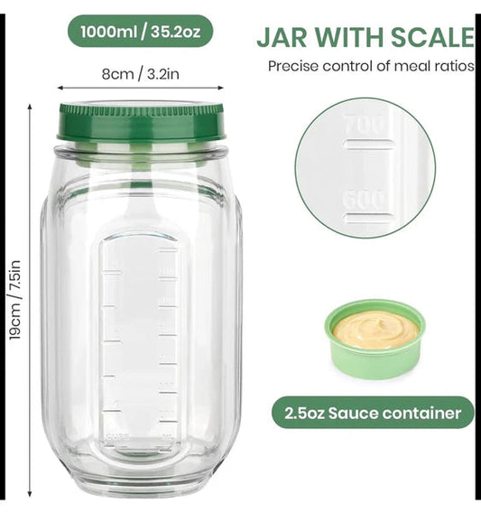 Portable salad jar with built-in measurement scale, green lid and sauce cup
