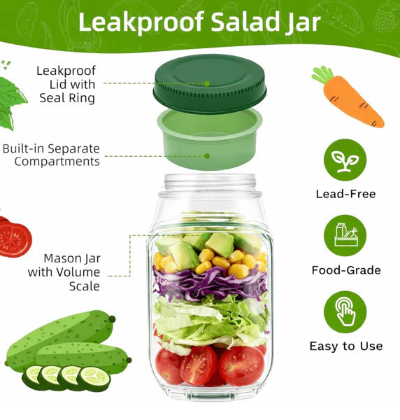 Leakproof salad jar with green lid and clear body, meal container
