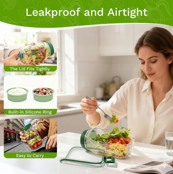 Leakproof salad jar with green lid and silicone ring, easy to carry