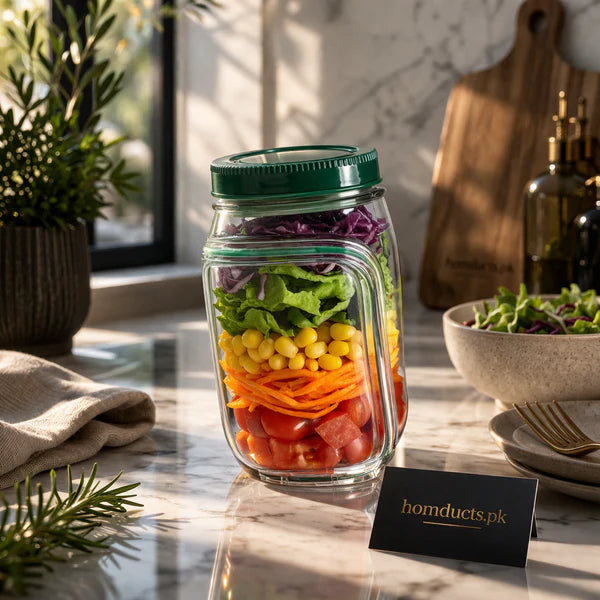 Portable salad container jar filled with layered salad, green lid and clear sides