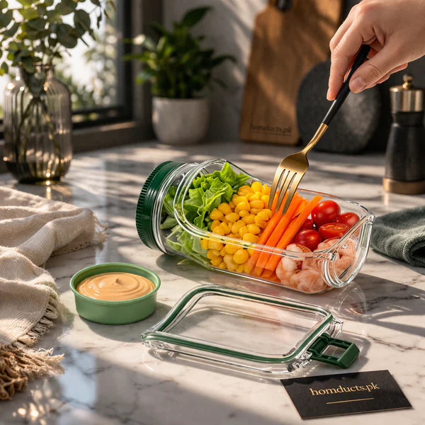 Portable salad container jar with salad layers, green lid, fork and sauce container