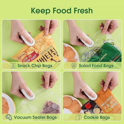 Portable USB bag sealer held in hand sealing various food bags