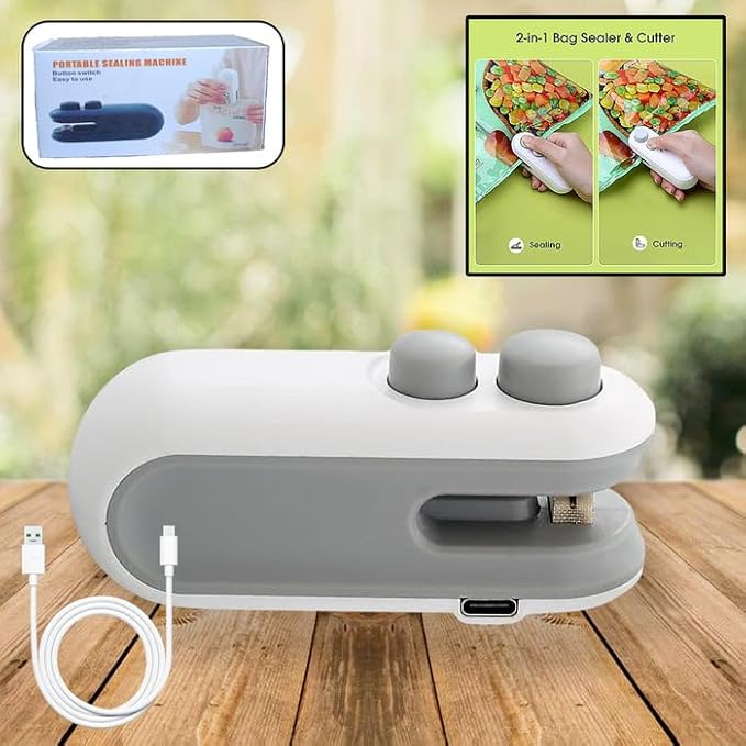 Gray portable USB rechargeable bag sealer with power cable on tabletop