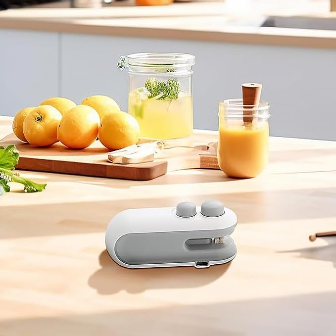 Portable handheld food sealer machine, compact gray with two top buttons and sealing slot