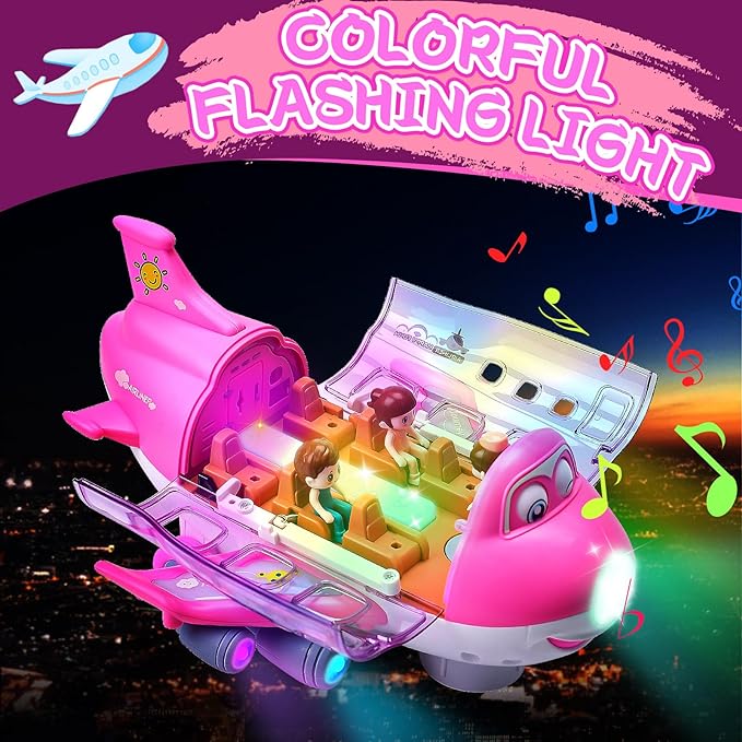 Pink electric airplane toy with transparent cabin, seated characters, and rotating body