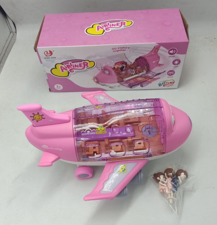 Pink airplane toy with transparent fuselage and small removable figure accessories