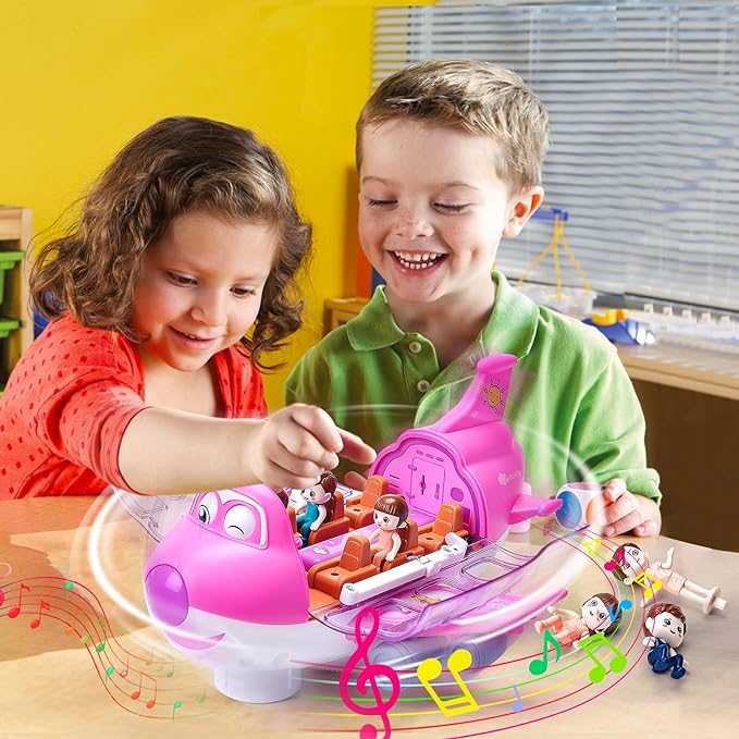 Pink airplane toy with clear cockpit and small seated figures on a table