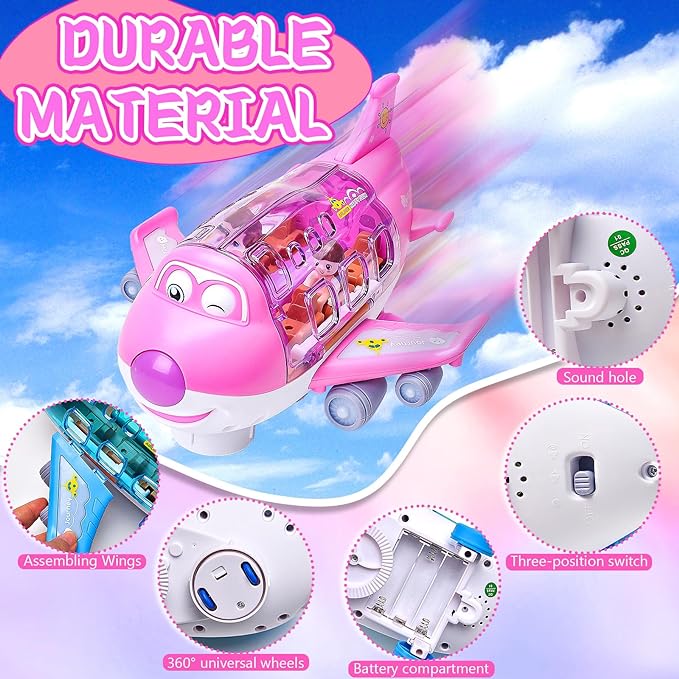 Pink electric airplane toy with transparent cabin, visible wheels, and battery compartment view