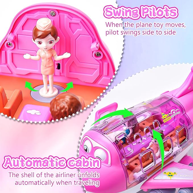 Pink airplane toy with transparent cabin and standing pilot figure, close-up