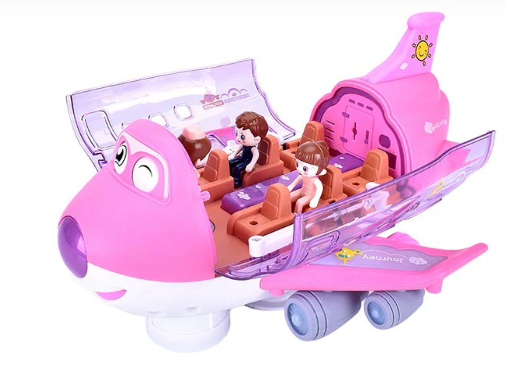 Pink electric airplane toy with transparent cockpit and three rows of seated figures