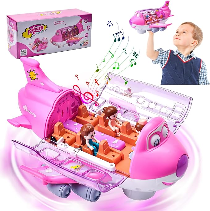 Pink electric airplane toy with transparent cockpit and seated characters, front view