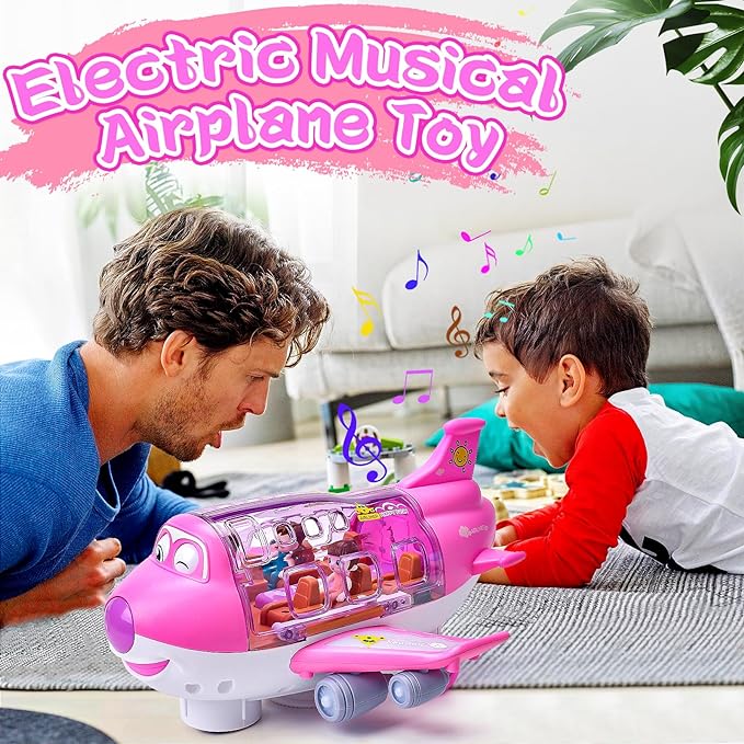 Pink electric musical airplane toy with transparent cabin and seated figures