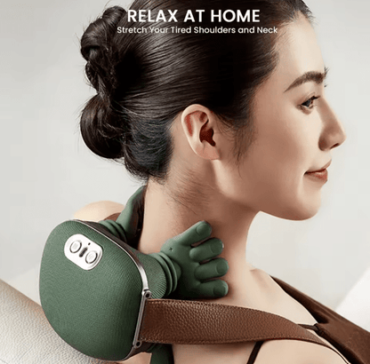 Rechargeable shoulder and neck massager with green fabric wrap and control button