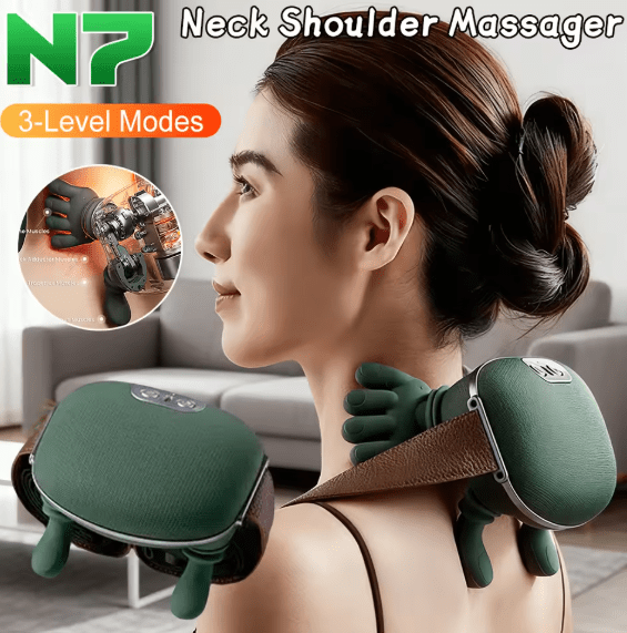 Green rechargeable shoulder and neck massager worn around the shoulders, with hand-shaped massage nodes.