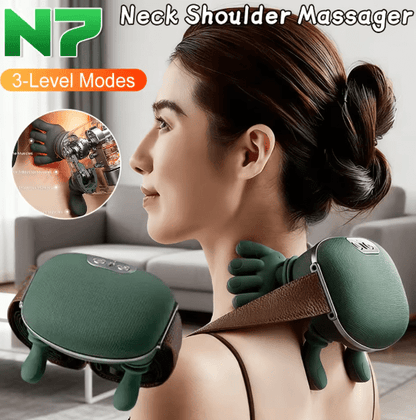 Green rechargeable shoulder and neck massager worn around the shoulders, with hand-shaped massage nodes.