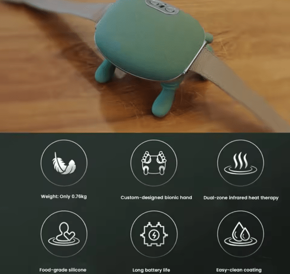 Green rechargeable shoulder and neck massager with rounded body and flexible hand-shaped nodes.