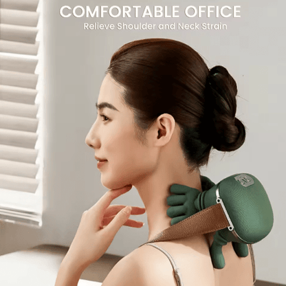 Green shoulder and neck massager with padded straps, worn around neck