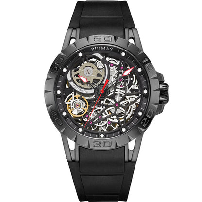 Skeleton dial automatic mechanical watch showing exposed gears and luminous hands