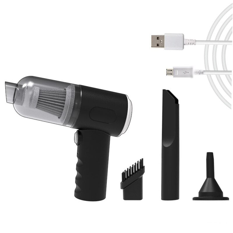Handheld vacuum blower with silver intake filter, black handle, and 3 snap-on nozzles
