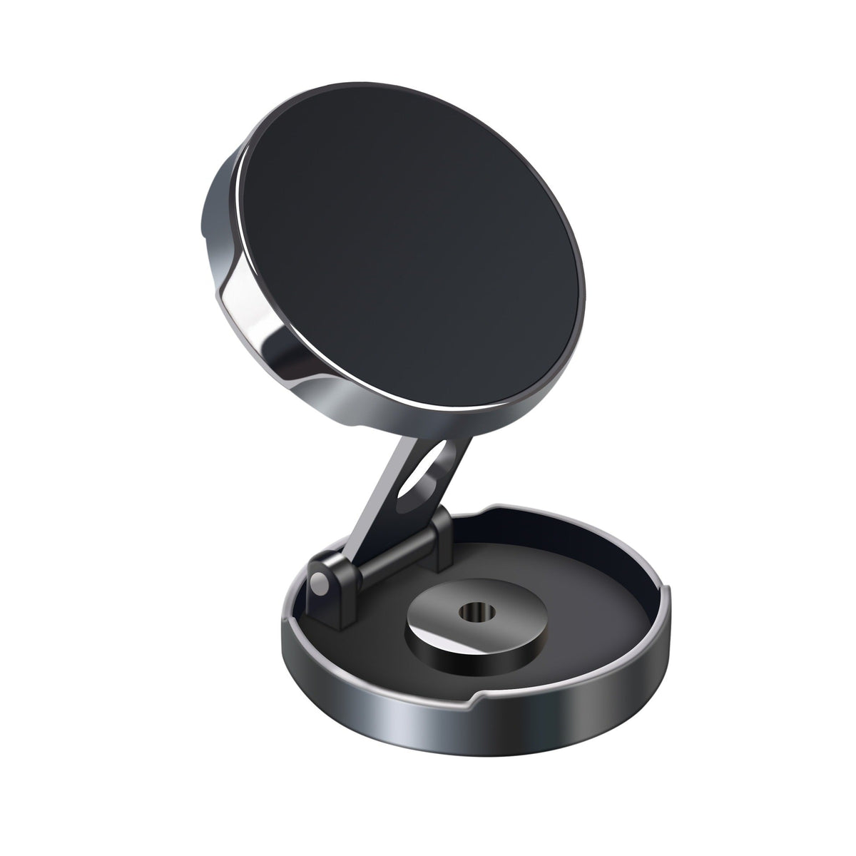 Adjustable magnetic car phone holder with a round black face, hinged arm, and silver-edged base