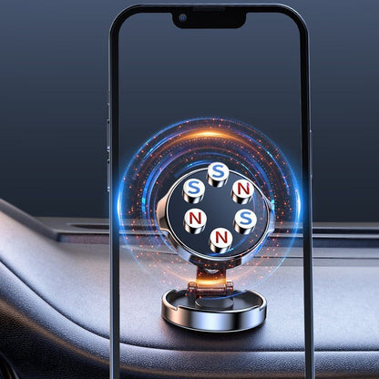 Magnetic car phone holder attached to a smartphone, with visible magnet poles on its round face