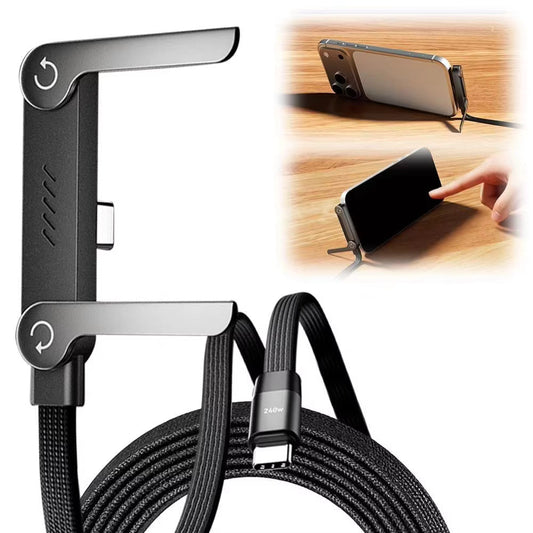 T-shaped USB-C to USB-C cable with angled stand clips and braided black cord