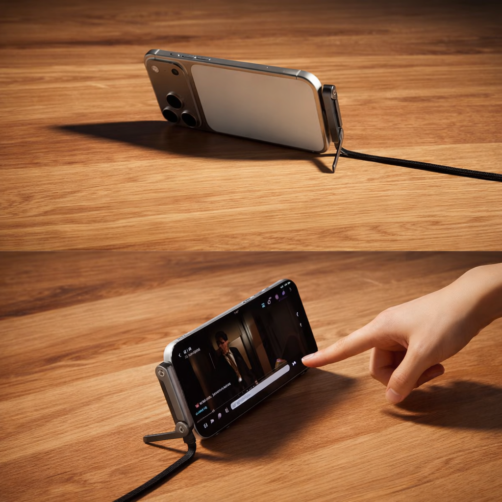 USB-C fast charging cable with T-shaped connector stand and braided black cord