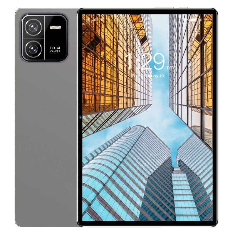 tablet with a cityscape display on a white background