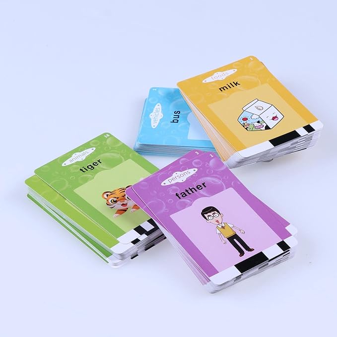Talking flash cards learning set with colorful card stacks for animals, family, and food