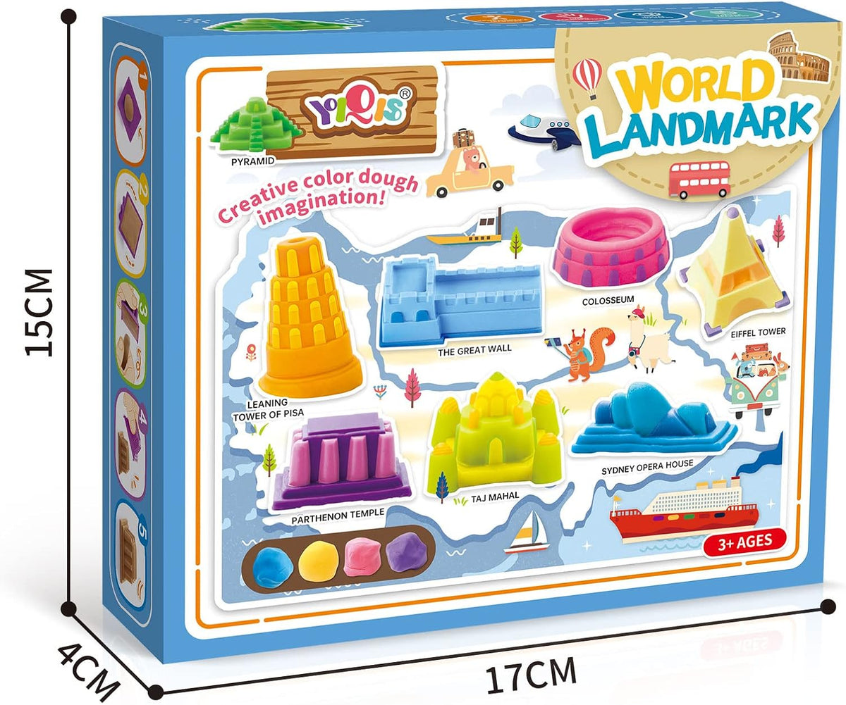 World landmark toy set in a box, with colored dough and landmark molds
