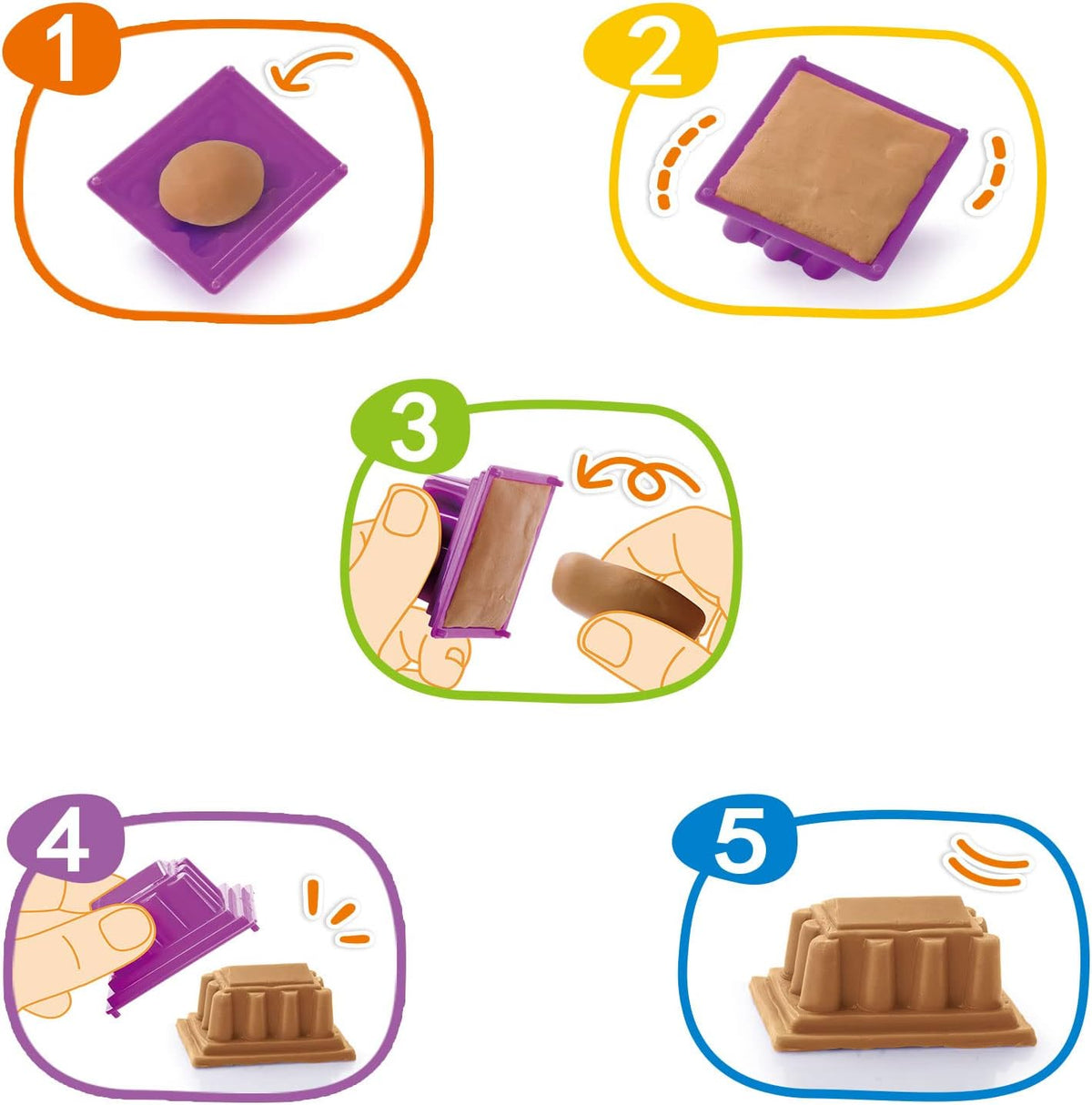 Dough mold instructions showing how to press and release a landmark shape