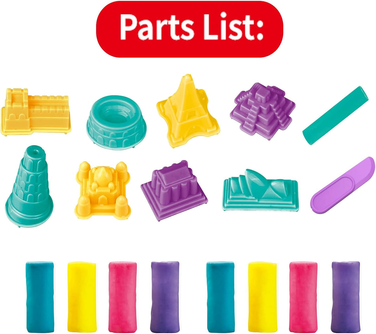 Toy set parts including landmark molds and eight colored dough sticks